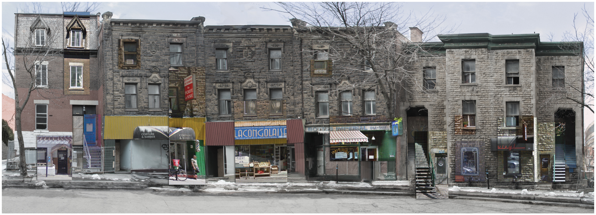 Image d'ancrage pour la réalité augmenté. Représente le pâté de maison sur la rue Bleury avec des câdres du passés issue de Google Street View.