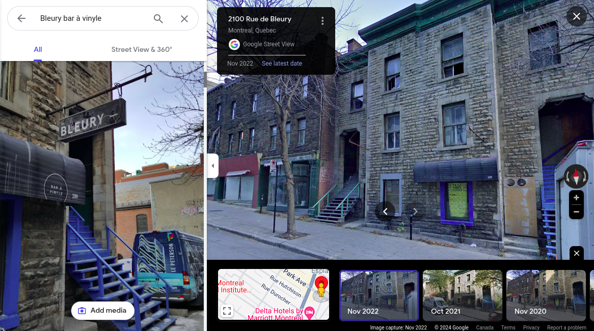 Screenshot of google
              street view showing the bar a vinyl building on Bleury street
              near Place des arts.